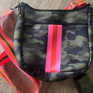 HAUTE SHORE Camouflage Shoulder Bag with Pink and Orange Stripes